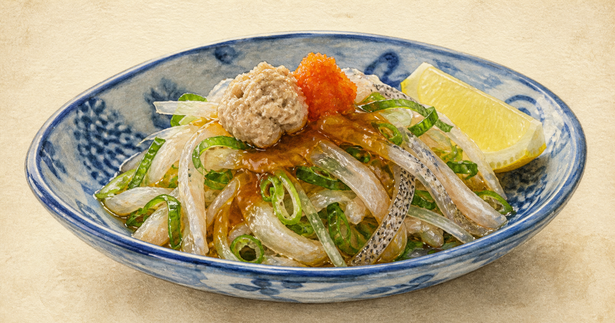 ふぐの身と湯引き皮をねぎ、カワハギ肝、もみじおろし、ポン酢で和える新居浜ふぐざくの図鑑イラスト