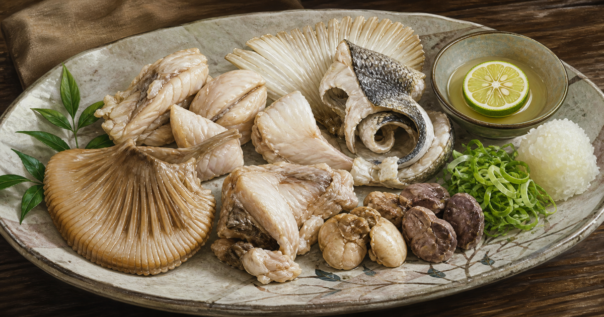 大型白身魚の頬・皮・ひれ・食用内臓等を加熱し酢だれで食べる竹田頭料理の図鑑イラスト