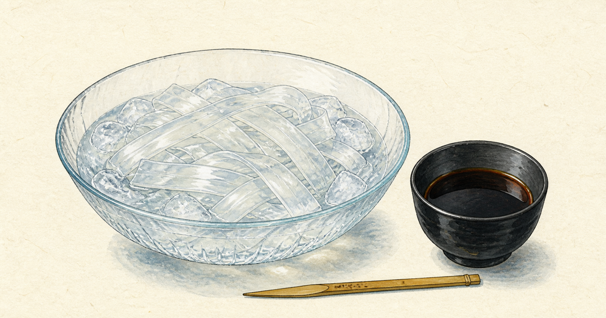 黒蜜を添えた葛切りの図鑑イラスト