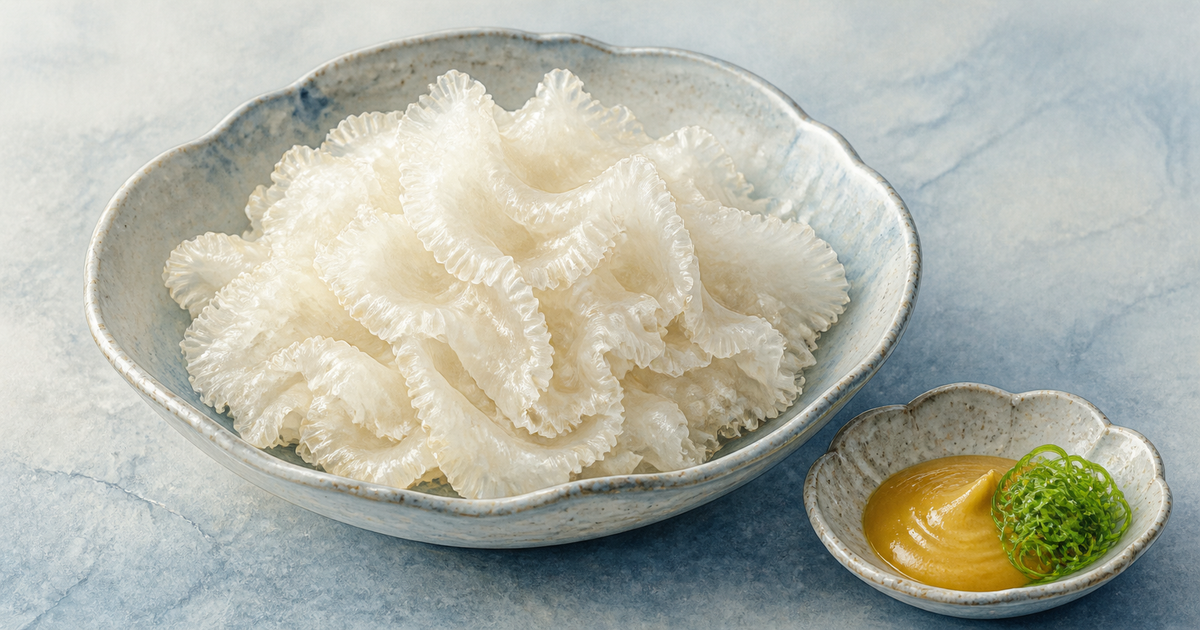 鯨の尾羽を薄切りにしてゆで冷水へさらし白いひだに仕上げる山口おばいけの図鑑イラスト