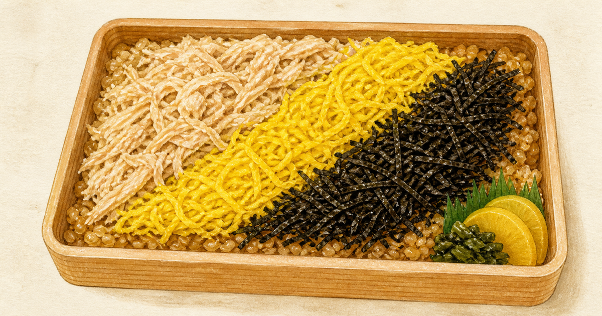 鶏肉・錦糸卵・海苔を三色に盛る折尾型かしわめしの図鑑イラスト