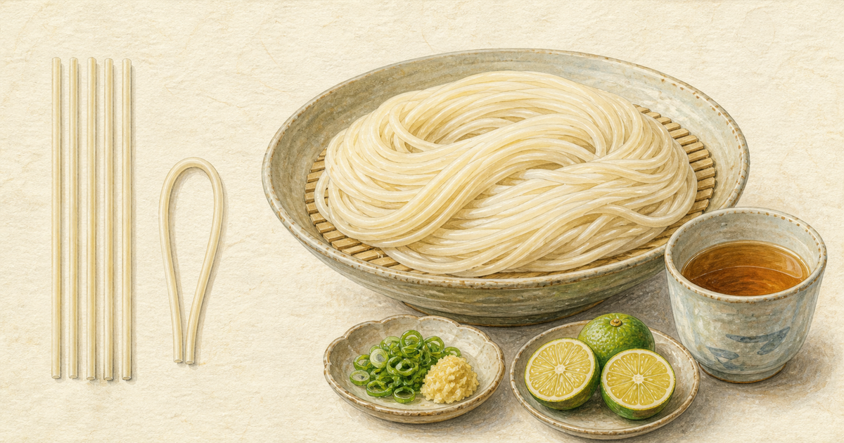一般的なそうめんより太い麺線とすだち、つゆを描く半田そうめんの図鑑イラスト