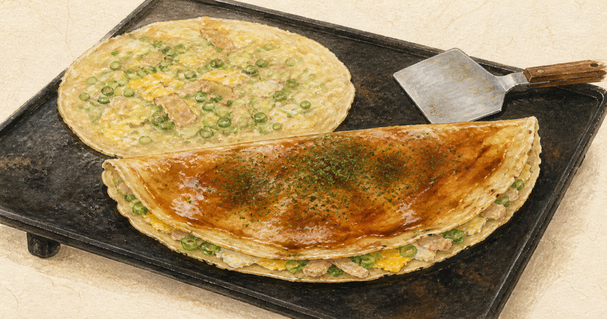 薄い小麦粉生地をねぎや肉と鉄板で焼く埼玉・行田フライの図鑑イラスト