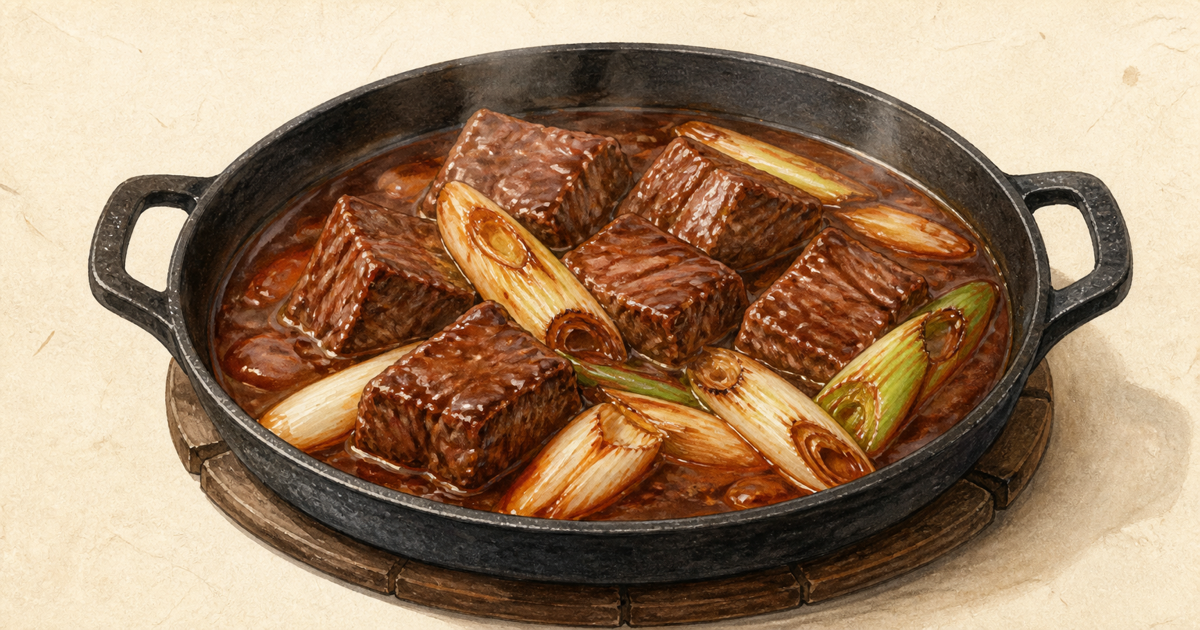 角切り牛肉と長ねぎを赤味噌だれで煮る横浜牛鍋の図鑑イラスト