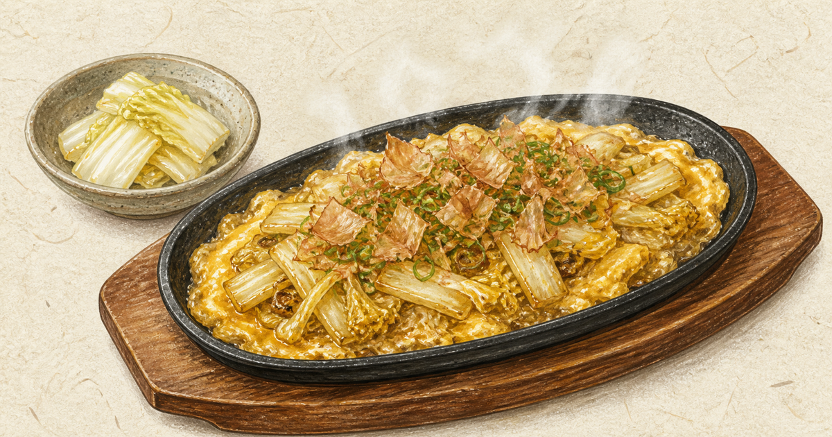 鉄板で炒めた白菜漬けを卵でとじた飛騨漬物ステーキの図鑑イラスト