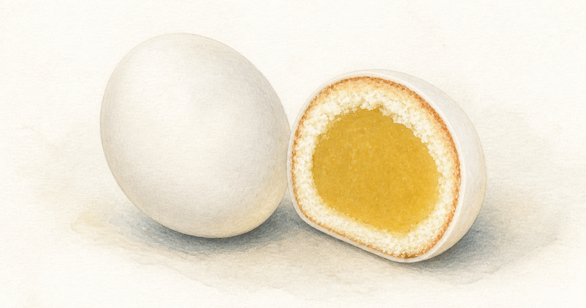 白い卵形と黄味餡・カステラ・ホワイトチョコの三層断面を実物参照した図鑑イラスト
