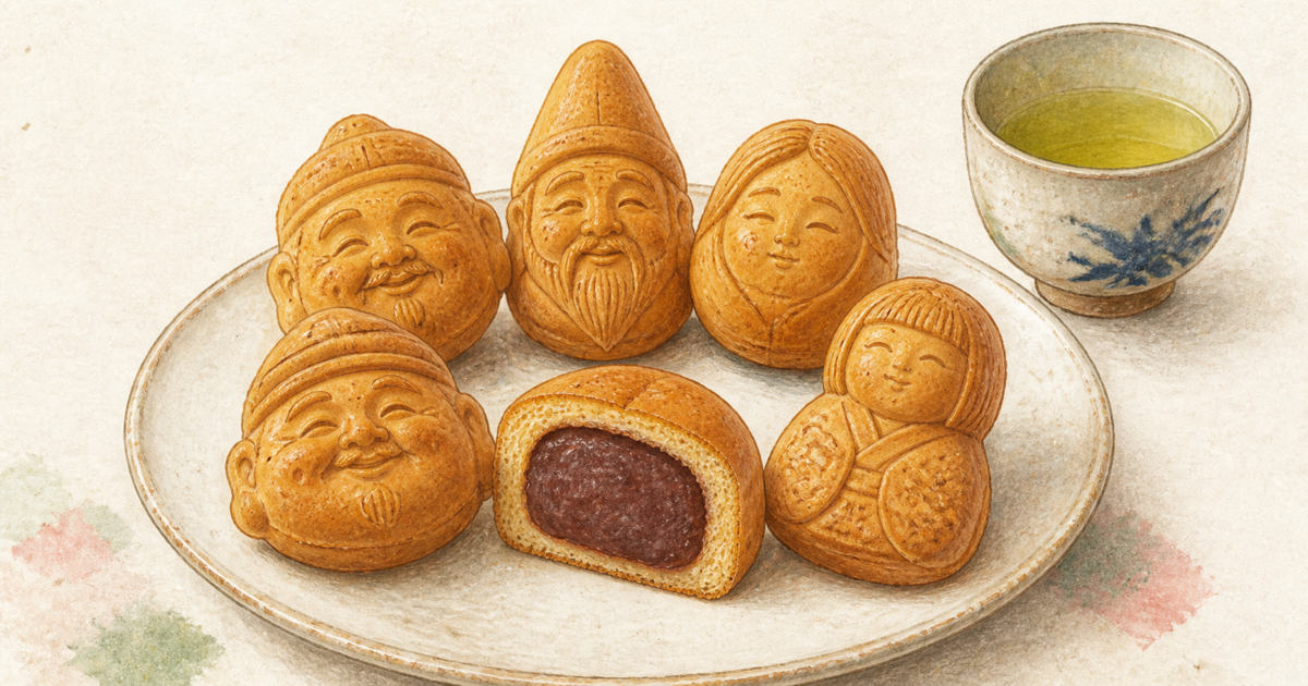 七福神や人形をかたどった焼き菓子と小豆あんの断面を描いた人形焼の図鑑イラスト