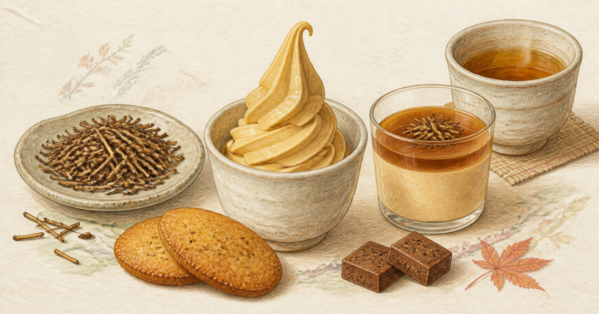 加賀棒茶の焙煎香を生かすソフトクリーム、プリン、焼き菓子の図鑑イラスト