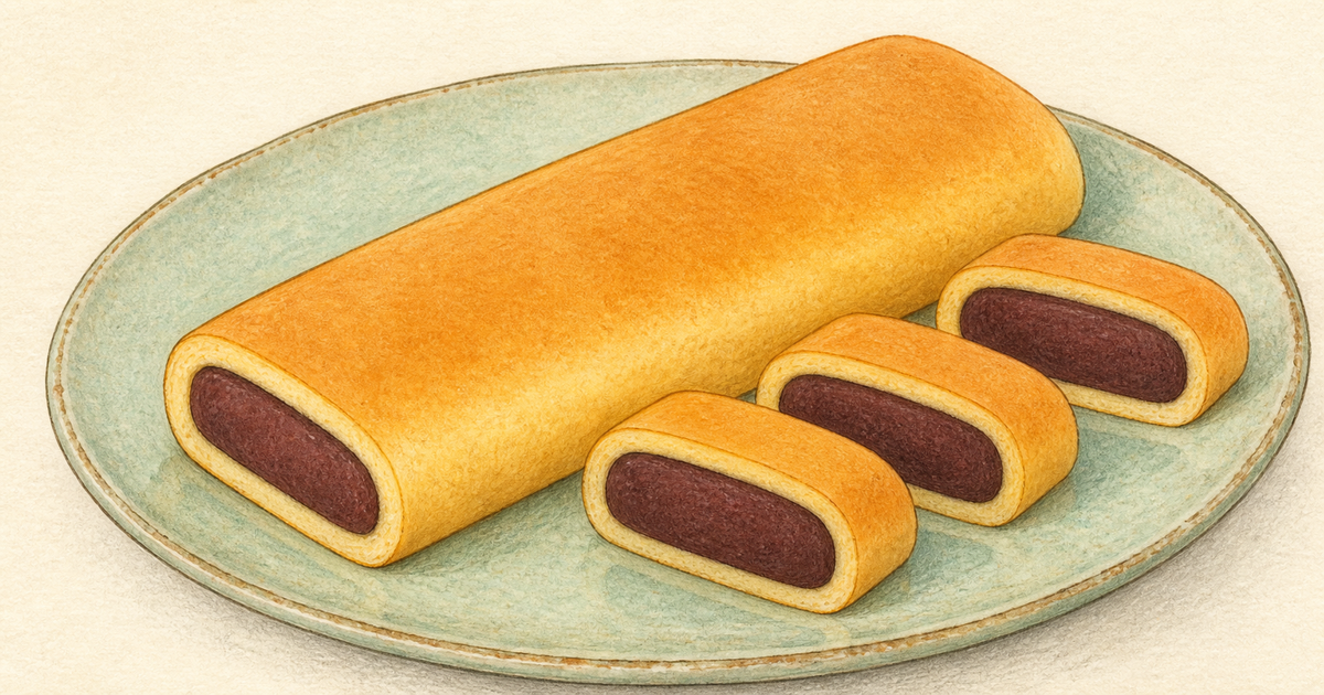薄いカステラ状の生地で小豆あんを包んだ津和野の源氏巻の図鑑イラスト