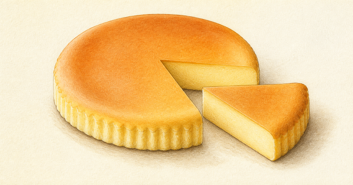 公式商品写真を参照した那須の御用邸チーズケーキと密な断面のイラスト