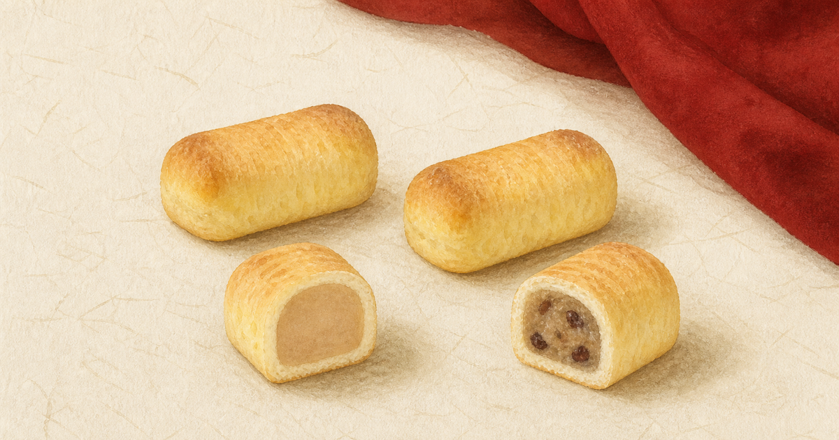 ざびえる公式写真を参照した俵形の焼き菓子と銀・金二種類の餡のイラスト